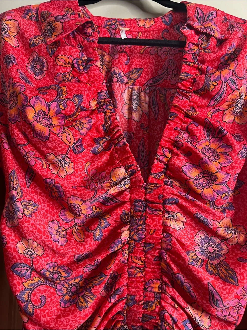 Free People Red Floral Ruched Long-Sleeve Blouse